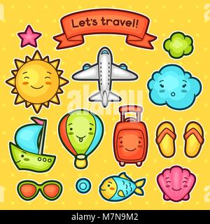 Ensemble de services et kawaii doodles avec différentes expressions du visage. Collection d'été joyeux personnages de sun, avion, bateau, ballon, valise et objets de décoration Illustration de Vecteur