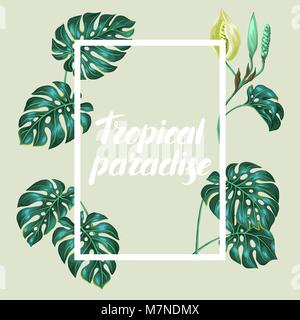 Châssis avec feuilles de monstera. Image décoration de fleurs et feuillages tropicaux. Pour la conception de brochures publicitaires, bannières, cartes, écorcheurs Illustration de Vecteur