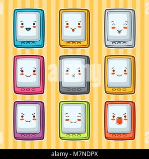 Kawaii doodle set comprimés. Illustration de l'expression du visage avec différents gadgets Illustration de Vecteur