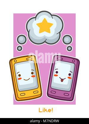 Carte drôle gadgets kawaii. Doodles avec jolie expression du visage Illustration de Vecteur