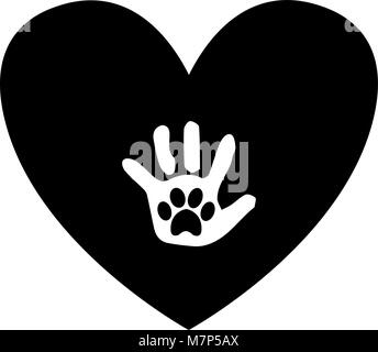 Handprint bébé avec animal paw print sur le Palm à l'intérieur de l'icône en forme de coeur noir isolé sur fond blanc. Vector illustration noir et blanc, logo, icône Illustration de Vecteur