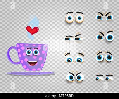 Emoji mignon ensemble de tasse lilas avec yeux collection. Tasse à café avec vapeur Doodle caricature visage et du coeur de la création personnage avec différents Illustration de Vecteur