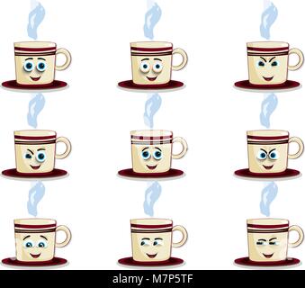 Tasse avec emoji les joues et les yeux et la bouche au sourire. Belle couleur tasses fumante doodle caractère dans télévision dessins avec cute cartoon visages. Sex co Illustration de Vecteur