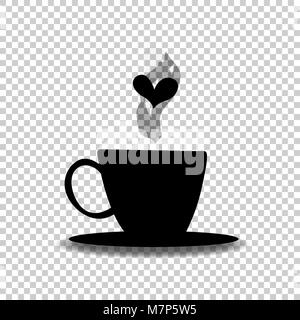 Silhouette noire de thé ou de café tasse avec de la vapeur et le coeur isolé sur fond transparent. Illustration vectorielle, icône, logo, affiche, symbole de mug f Illustration de Vecteur