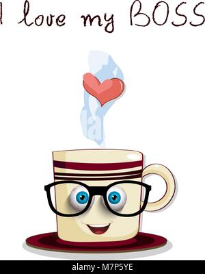 Cute cartoon male cup aux yeux bleus dans les verres et les texte que j'aime mon patron isolé sur fond blanc. Illustration vectorielle, icône, clip art. Illustration de Vecteur