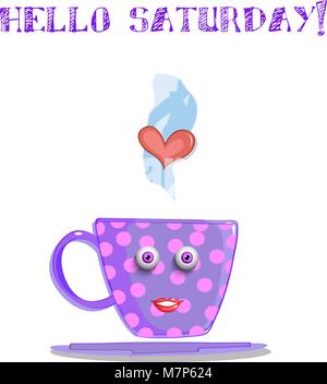 Cute cartoon smiling tasse rose lilas avec motif à pois, les yeux et les lèvres et texte bonjour samedi isolé sur fond blanc. Illustration vectorielle, Illustration de Vecteur