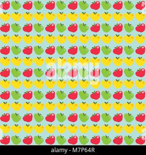 Seamless abstract pattern avec cartoon rouge, jaune et vert pomme sur fond turquoise bleu clair. Illustration vectorielle, bannière, affiche, modèl Illustration de Vecteur