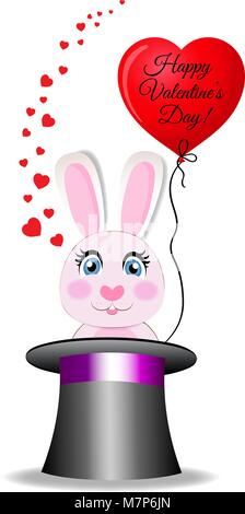 Carte de voeux Saint Valentin avec cute cartoon lapin rose en forme de coeur rouge avec ballon avec happy valentine's day assis dans la magie noire cylind Illustration de Vecteur