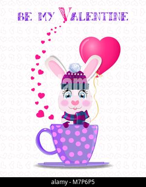 Be My Valentine card avec cute cartoon lapin en violet bonnet, écharpe en tricot et mitaines holding ballon coeur rose lilas, assis dans la tasse avec polka dot Illustration de Vecteur
