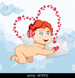 Cute cartoon bébé Cupidon ou ange avec des ailes holding lettre d'amour sur fond de ciel bleu avec beaucoup de coeurs rouges autour. Le caractère de carte de souhaits sur des VA Illustration de Vecteur