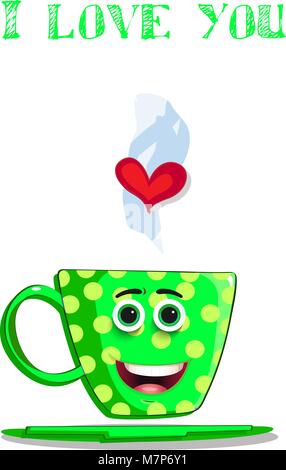 Je t'aime carte de souhaits avec mignon tasse à café vert avec caractères caricature visage souriant, pois jaune et le coeur. Illustration vectorielle, l'amour d'un clip Illustration de Vecteur