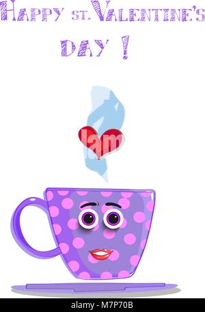 Happy st. valentine's day Greeting card avec cute cartoon female cup caractère. Tasse à café avec Violet à pois rose, visage souriant, yeux, lèvres et h Illustration de Vecteur