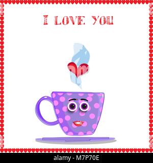 Je t'aime carte avec mug lilas mignon avec visage de la fille, rose pois blancs et coeur en pans de vapeur avec coeurs rouges frontière. Illustration vectorielle, love clip Illustration de Vecteur