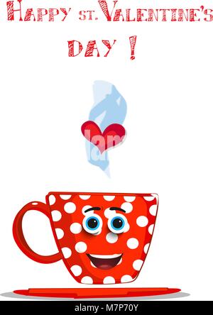 Happy Valentine's day Greeting card smiling with cute cartoon tasse rouge avec motif à pois blanc, yeux bleus et coeur en vapeur. Amour vecteur illustr Illustration de Vecteur