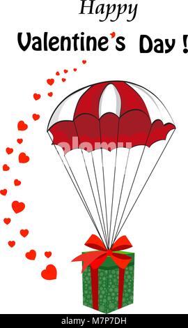 Happy Valentine's day cartoon modèle avec gift wrapped with red ribbon tomber avec parachute et de nombreux coeurs rouge mignon autour. Salut c mignon Illustration de Vecteur