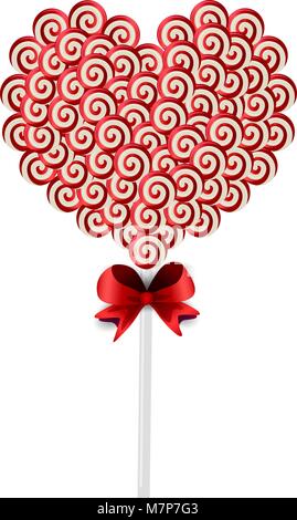 Illustration Vecteur de rouge et blanc lolipop cœur fait de sucreries et bonbons enveloppés de dentelle rouge isolé sur fond blanc. Sweet candy coeur sur Illustration de Vecteur