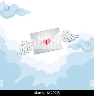 Lettre d'amour de vol avec ailes d'ange blanc dans le ciel bleu. Carte de souhaits pour la Saint-Valentin dans un style de dessin animé. Illustration vectorielle, invitation, un clip Illustration de Vecteur