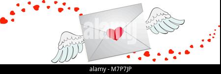 Enveloppe fermée avec coeur stamp, blanc d'ailes d'ange et coeur piste vague isolé sur fond blanc. Lettre d'amour vol signe, Saint-Valentin symbo Illustration de Vecteur