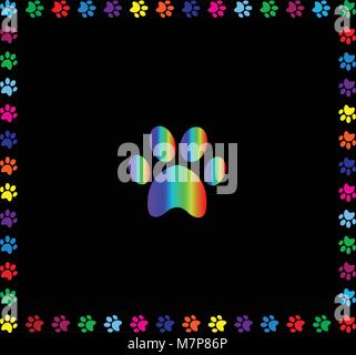 Animaux arc-en-ciel symbole empreinte encadrées avec empreintes de pattes multicolores voie frontière carrée isolé sur fond noir. Illustration vectorielle, icône, signe, Illustration de Vecteur