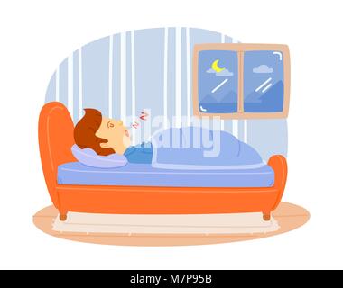 L'homme de dormir sur le lit dans la chambre à coucher. Détendez-vous de la fatigue,mignon vecteur, illustration en couleur, style de la caricature Illustration de Vecteur