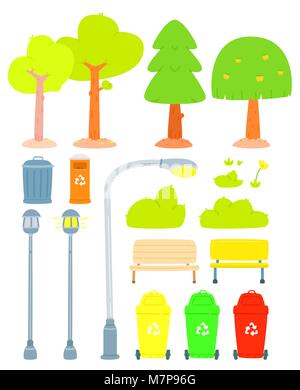 Ensemble d'arbre stylisé et parc public élément sur fond blanc, décor extérieur urbain éléments, ensemble de la rue de la ville l'icône d'éléments urbains, arbre, pin tre Illustration de Vecteur