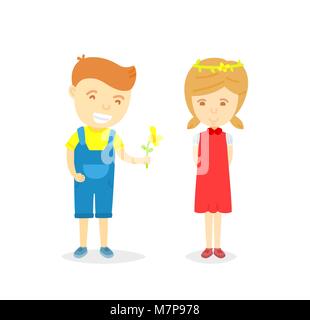 Personnage de garçon et fille en aimant concept, Boy giving fleur pour Fille pour l'amour, isolé sur fond blanc, personnage de happy boy and girl Illustration de Vecteur