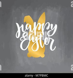 Joyeuses Pâques lettrage pour carte de vœux. Vector illustration sur fond d'or tableau avec les lapins. Pinceau moderne handlettering d'encre. Illustration de Vecteur