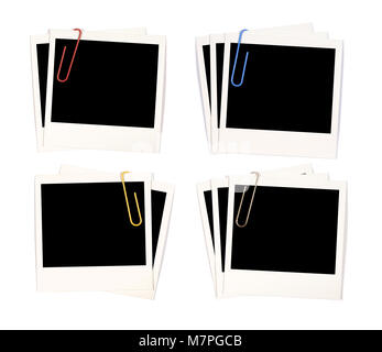 Des grappes de tirages photo instantanée vierge a tenu avec la couleur des trombones. Note : ce fichier est une combinaison de quatre images distinctes. Banque D'Images