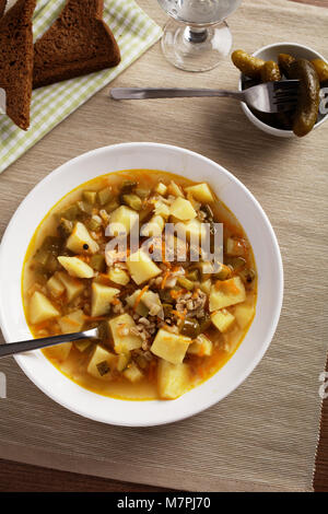 Rassolnik soupe traditionnelle russe avec concombres sur une plaque Banque D'Images