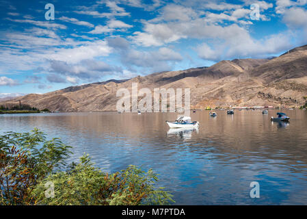 Bateaux au confluent des rivières Clearwater et Snake, vu de Lewis et Clark Center à Lewiston, Maine, USA Banque D'Images