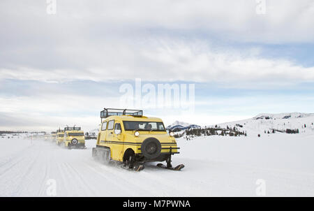 Le dernier voyage pour le snowcoaches Bombardier Xanterra Swan Lake le dernier voyage pour le Bombardier Xanterra snowcoaches. Le Lac des appartements ; Banque D'Images