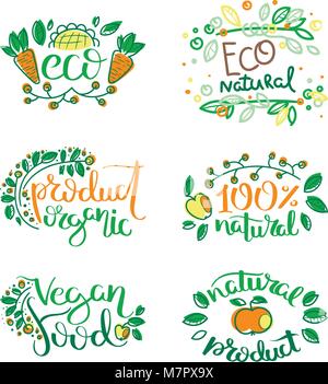 Vecteur Eco labels biologiques, bio pour emblèmes autocollants et restaurants la carte, des produits naturels de l'emballage. Sans gluten, végétalien, eco friendly cultivés localement s Illustration de Vecteur