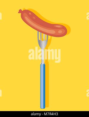 Un vecteur illustration en eps 10 format d'un délicieux saucisson cuit sur une fourchette d'argent sur un fond jaune moutarde Illustration de Vecteur