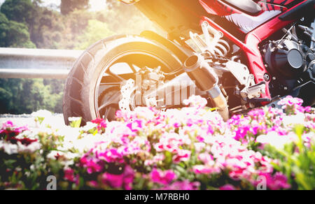 Un parking moto sur la route côté droit et fleur rose. Banque D'Images