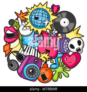 Music party kawaii design. Instruments de musique, symboles et objets dans le style cartoon Illustration de Vecteur