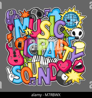 Music party kawaii design. Instruments de musique, symboles et objets dans le style cartoon Illustration de Vecteur