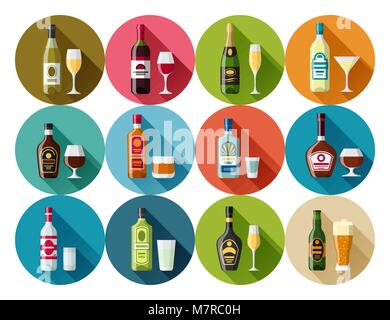 Boissons alcool icon set. Des bouteilles, des verres pour les restaurants et bars Illustration de Vecteur