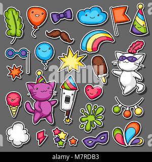Carnival party set autocollant kawaii. Cute cats, décorations de fête, d'objets et symboles Illustration de Vecteur