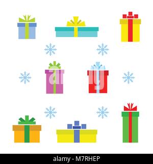 Vector set de différentes boîtes cadeaux et snowflake. Modèle plat. Illustration de Vecteur