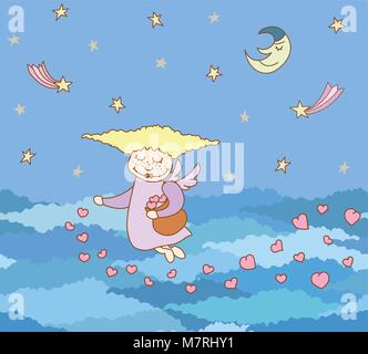 Motif transparent fabriqué à partir de petit cartoon flying girl avec des coeurs sur ciel de nuit avec les étoiles et les nuages Illustration de Vecteur