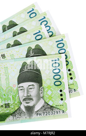 Plusieurs projets de monnaie a gagné 10 000 Coréens isolé sur un fond blanc. Banque D'Images