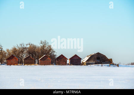 Belles anciennes granges dans le champ neigeux capturé au coucher du soleil Banque D'Images