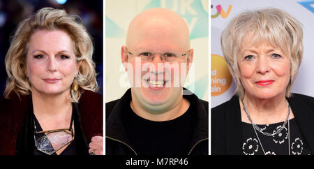 Fichier photo composite non datée (de gauche à droite) Jennifer Saunders, Matt Lucas et Alison Steadman, qui ont signé jusqu'à rejoindre la distribution des voix d'une nouvelle série télévisée basée sur la Moomins. Banque D'Images