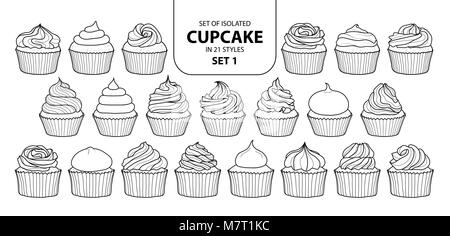 Jeu de cupcake isolés dans 21 styles set 1. Cute hand drawn dessert en contour noir et blanc avion sur fond blanc. Illustration de Vecteur