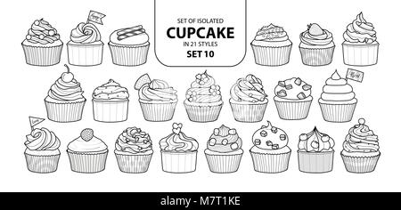 Jeu de cupcake isolés dans 21 jeu de styles 10. Cute hand drawn dessert en contour noir et blanc avion sur fond blanc. Illustration de Vecteur