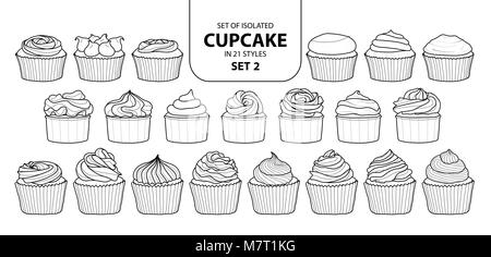 Jeu de cupcake isolés dans 21 styles set 2. Cute hand drawn dessert en contour noir et blanc avion sur fond blanc. Illustration de Vecteur