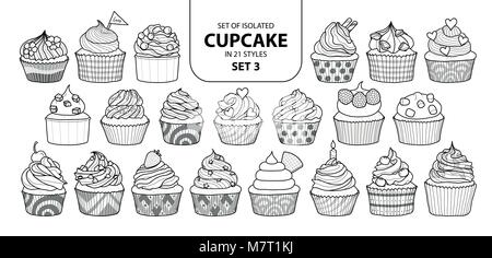 Jeu de cupcake isolés dans 21 jeu de styles 3. Cute hand drawn dessert en contour noir et blanc avion sur fond blanc. Illustration de Vecteur