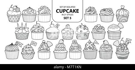 Jeu de cupcake isolés dans 21 styles set 5. Cute hand drawn dessert en contour noir et blanc avion sur fond blanc. Illustration de Vecteur