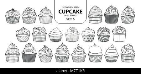 Jeu de cupcake isolés dans 21 jeu de styles 6. Cute hand drawn dessert en contour noir et blanc avion sur fond blanc. Illustration de Vecteur