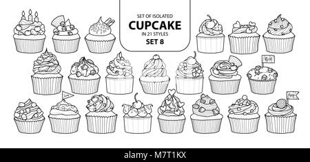 Jeu de cupcake isolés dans 21 jeu de styles 8. Cute hand drawn dessert en contour noir et blanc avion sur fond blanc. Illustration de Vecteur